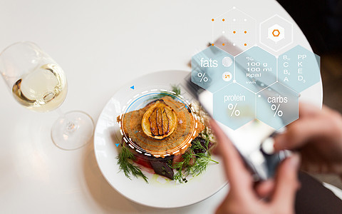 食物,技术,饮食人的女人与智能手机,面包鱼片营养价值图表餐厅手电话食物营养价值图表图片
