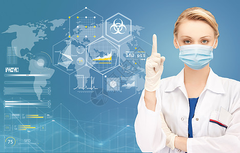 健康,医学大流行女医生戴着保护医学面具,手指指向世界上的图表蓝色背景上的生物危害符号戴医学面具的女医生指着图片