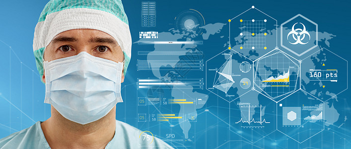 医学大流行外科医生保护面具上的虚拟投影与世界范围内的生物危害警告蓝色背景外科医生戴着面具,带着世界的生物危害警告图片