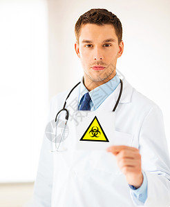 健康,医学大流行男医生持有警告标志男医生持有博伊哈扎德警告标志图片