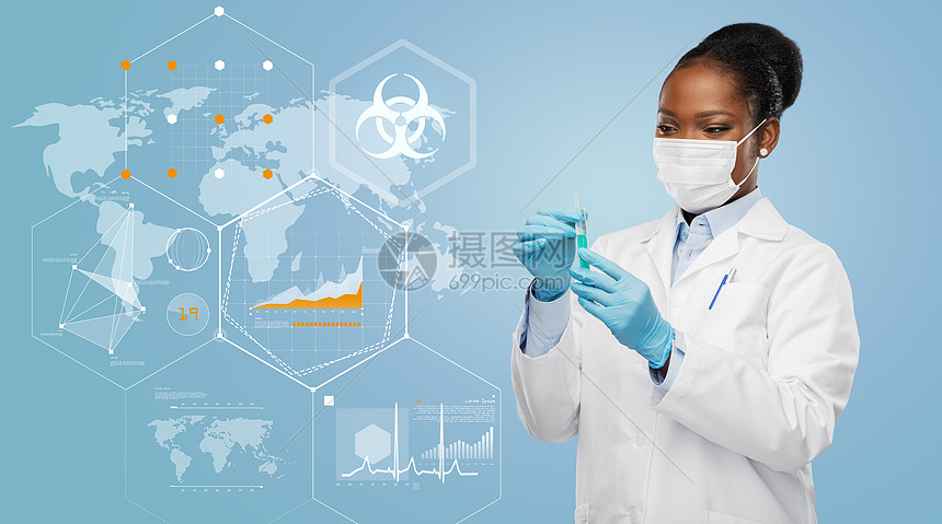 ‘~健康,医学大流行非裔美国女医生戴着口罩,带注射器的世界,蓝色背景上有图表生物危害符号医生医学面具世界潘迪米亚  ~’ 的图片