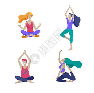 年轻人女人冥想,坐瑜伽姿势,家进行有氧运动身体精神练瑜伽课心理健康矢量插图卡通年轻人女人冥想,坐图片