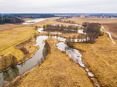 小河有干燥的树木,冬天没有叶子早春的鸟瞰喜怒无常的阴天白俄罗斯明斯克地区的农田花园田野图片