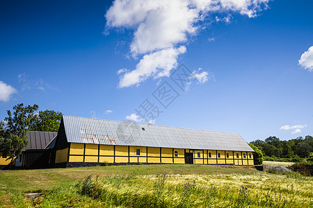 黄色的谷仓绿色的草地上,夏天蓝天下图片