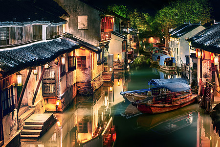 江苏周庄水乡夜景晚上照亮周庄水乡,江苏,中国背景图片