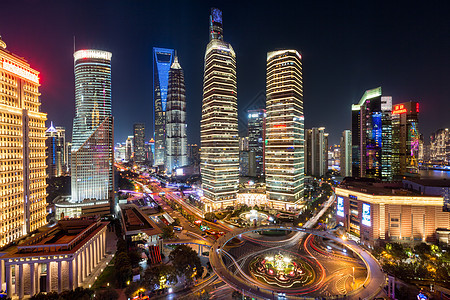 夜景照明陆家嘴天际线环形道路圆形人行桥,上海,中国照明陆家嘴天际线环形道路圆形人行桥,中国图片