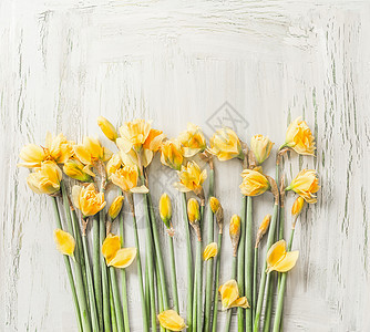 白色桌面上漂亮的黄色水仙花上面的风景春天的花束图片