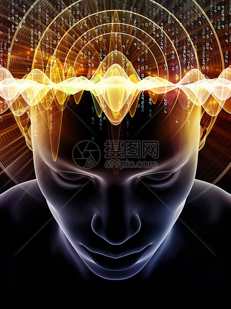 心灵波系列创造地安排人类头部技术符号的三维插图,意识大脑智力人工智能的隐喻图片