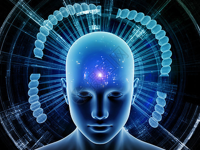 思想系列的能量人头被抽象的分形结构包围,以说明人类思维的运作图片