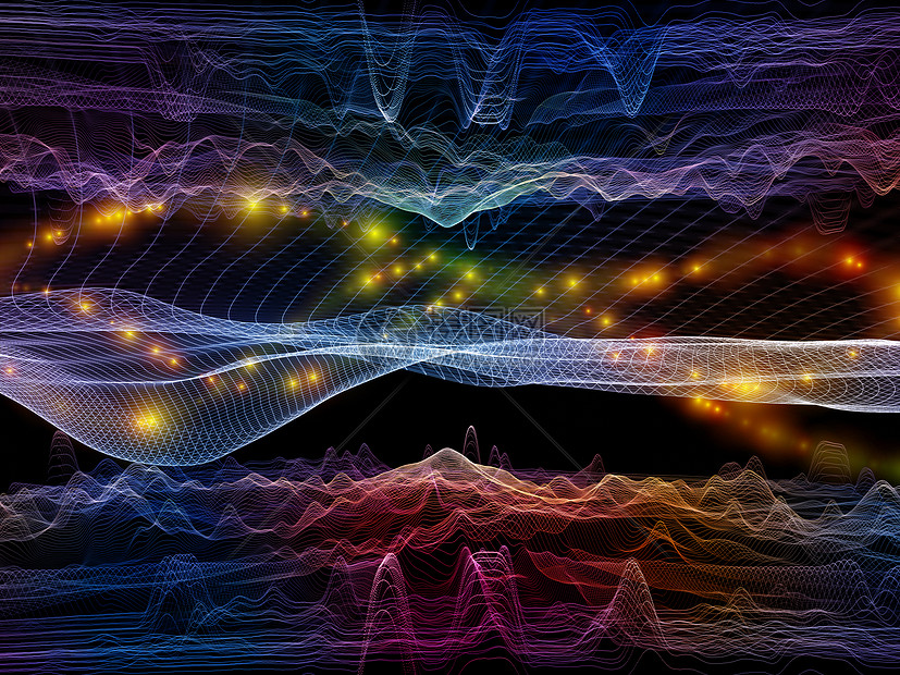 杂色振荡光流系列抽象由颜色线灯光隔离黑色背景上,与技术教育有关图片