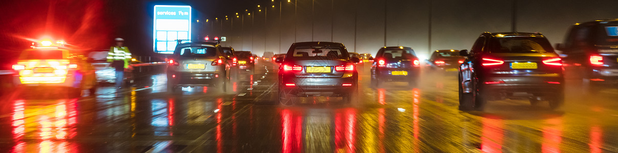 车辆排队全景运动模糊的照片,夜间雨中与汽车英国高速公路上的交通背景