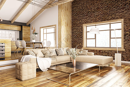 现代室内的房子,厨房,客厅与沙发3D渲染图片