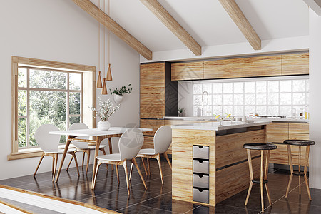 现代室内木制厨房与岛屿,黄色白色桌椅三维渲染图片