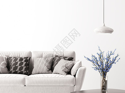 现代室内背景客厅沙发,花瓶花枝灯3D渲染内部背景与沙发三维渲染图片