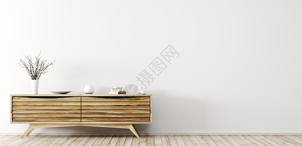 现代室内客厅与木制梳妆台上的白色墙壁全景三维渲染图片