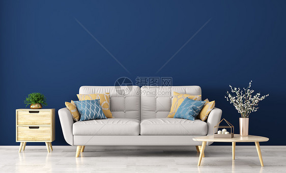 客厅内部灰色沙发,木制茶几与花瓶与树枝侧桌以上蓝色墙壁三维渲染图片