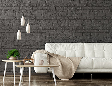现代室内客厅白色沙发,木制茶几上黑色砖墙三维渲染图片
