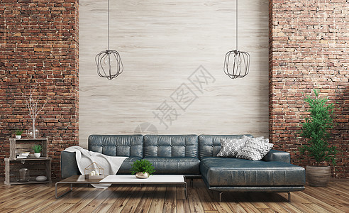现代阁楼公寓,客厅与蓝色破旧的皮革沙发木制砖墙三维渲染图片