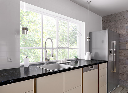 现代厨房内部黑色花岗岩柜台,冰箱3D渲染图片