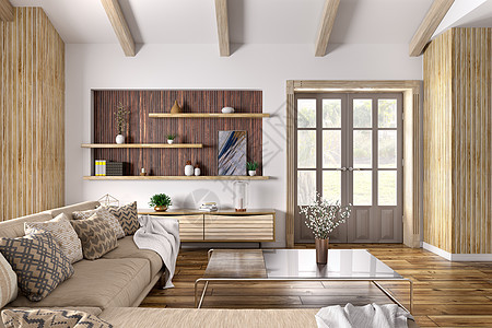 现代室内的房子,客厅米色沙发,门三维渲染图片