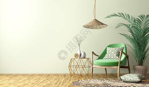 客厅内部有金色茶几,绿色扶手椅,家庭三维渲染图片