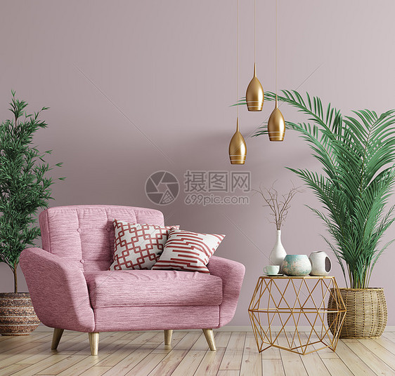 客厅内部有金色茶几,粉红色扶手椅,家庭三维渲染图片