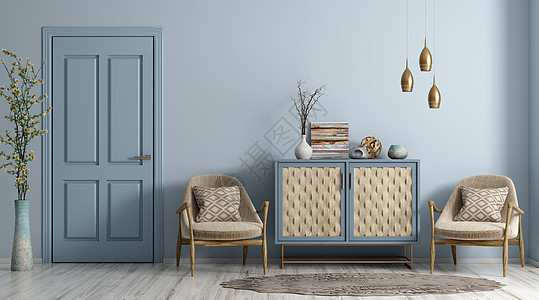 蓝色家具现代室内客厅与门,扶手椅梳妆台3D渲染背景