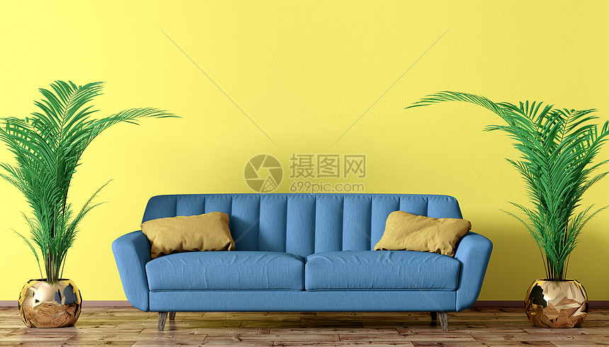 现代室内客厅与蓝色沙发两个手掌以上的黄色墙壁三维渲染图片