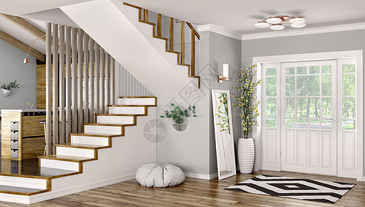 白色房子现代入口大厅内部与门楼梯三维渲染背景