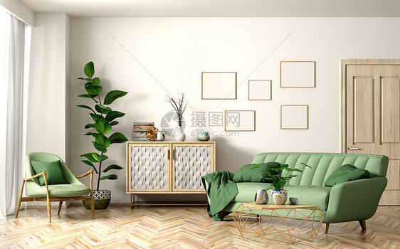 现代客厅内部有绿色沙发扶手椅,木门橱柜,家庭三维渲染图片