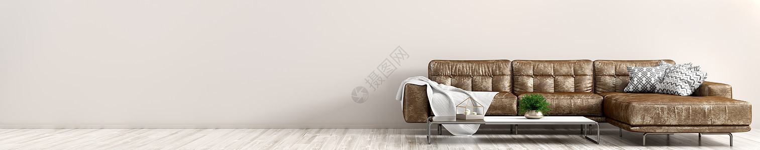 现代室内客厅与棕色皮革沙发米色墙与全景三维渲染图片