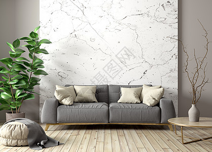 现代室内客厅与灰色沙发,茶几植物大理石墙壁3D渲染图片