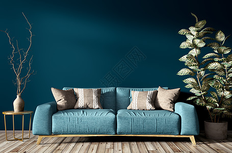 现代室内客厅与绿松石沙发,家庭植物花瓶与树枝蓝墙三维渲染图片