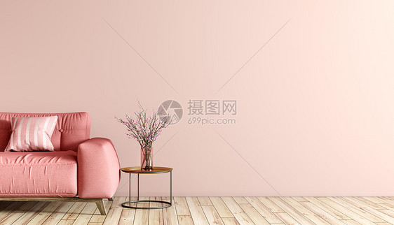 现代室内客厅,粉红色沙发茶几,花枝,墙壁与三维渲染图片