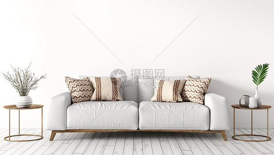 现代室内的客厅与白色沙发,茶几白墙三维渲染图片