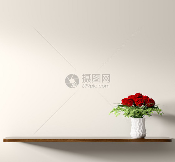 棕色木架,白色花瓶中的红色玫瑰花束米黄色的墙上,家居装饰,内部背景3D渲染图片