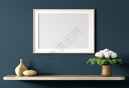空白帆布海报以上木架与花束以上蓝色墙壁,室内装饰背景3D渲染图片