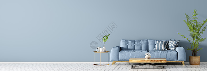 客厅内部,白色硬木地板上有蓝色沙发,茶几手掌,全景3D渲染图片