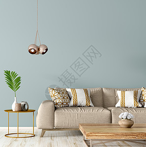 现代室内客厅与米色沙发,茶几蓝色墙壁与三维渲染图片