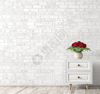 客厅的内部背景,白色木柜花瓶,砖墙上有束红玫瑰家居装饰三维渲染图片