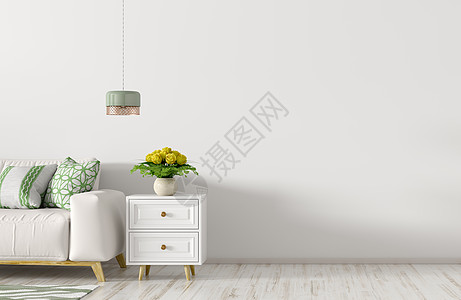 现代室内客厅与白色沙发,橱柜光白墙与三维渲染背景图片