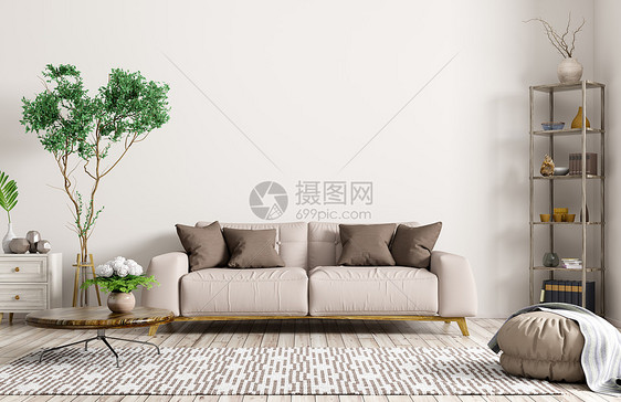 现代室内公寓,客厅米色沙发,茶几,地毯架子3D渲染图片