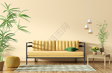 现代室内公寓,客厅与沙发黄色墙壁,咖啡桌地毯3D渲染图片