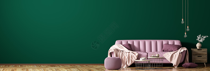 现代室内客厅与粉红色沙发,茶几植物深绿色墙壁,全景三维渲染图片