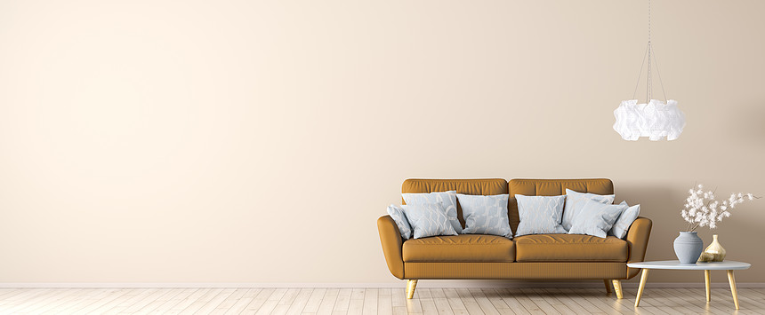 客厅内部与橙色沙发米色硬木地板,茶几灯光,全景3D渲染图片