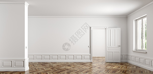 经典的空公寓内部有两个房间,客厅有打开的门,窗户,白色墙壁与面板木制拼花地板3D渲染图片