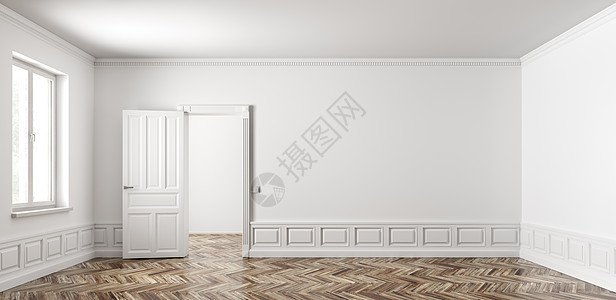 经典的空公寓内部有两个房间,客厅有打开的门,窗户,白色墙壁与凸起的面板木制拼花地板3D渲染图片