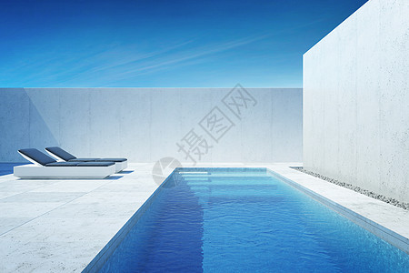 户外游泳池个豪华的现代后院,有游泳池,3D渲染背景