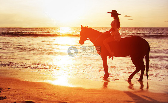 美丽的黑发女人骑马看日落图片