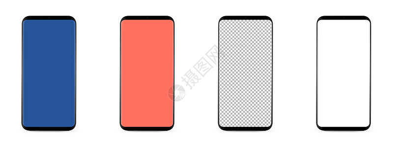 套4个无边框智能手机与空白透明屏幕,隔离白色背景屏幕被切割出路径四个无边框智能手机图片